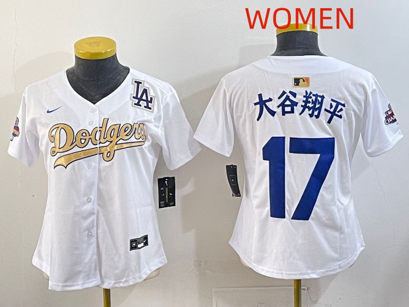 Women Los Angeles Dodgers #17 Ohtani White Champion edition Nike MLB Jersey style 005